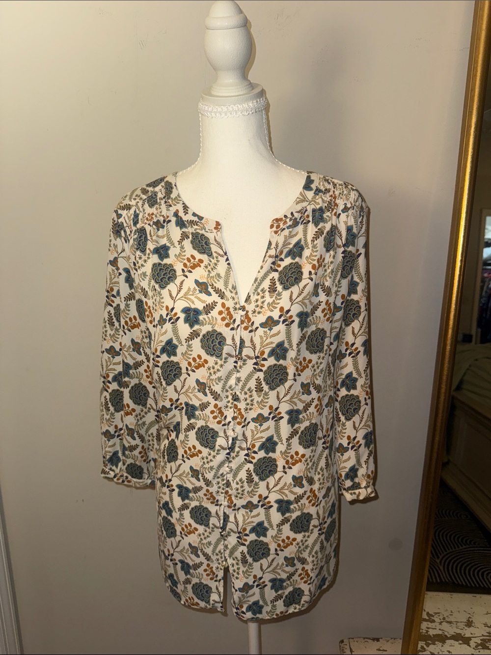 Rose & Olive Cream Tunic Dress with Blue and Brown Floral Print